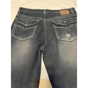 Phat Farm Classic Denim Jeans Men's 38x32 Blue Embroidered Flap Pockets Whiskers